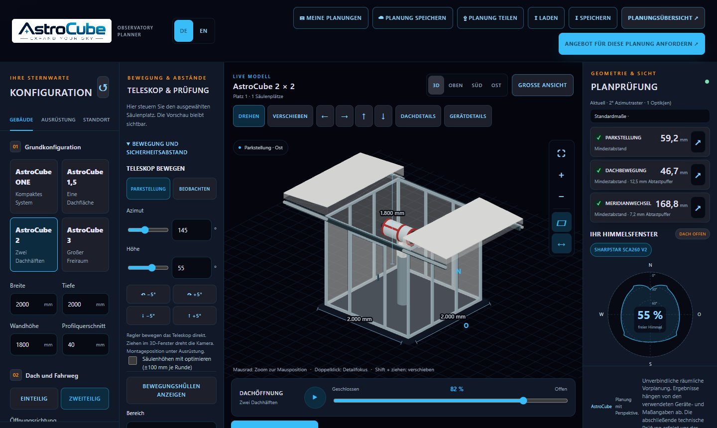 Der AstroCube Planer: 3D-Ansicht eines Observatoriums mit Montierung, Teleskop und freiem Himmelsfenster