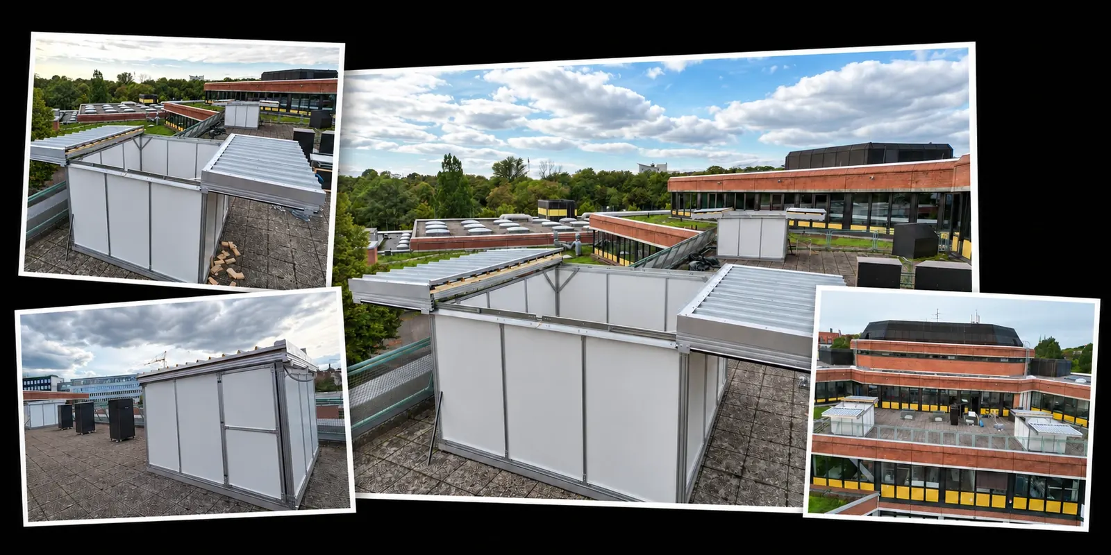 Referenzobjekt Wilhelm-Löhe-Schule Nürnberg: AstroCube Observatorien mit geöffnetem Roll-Dach auf dem Flachdach, Collage aus vier Ansichten